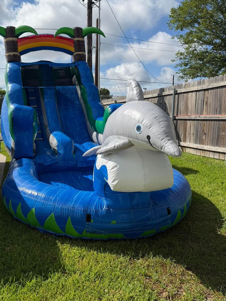 Blue water slide with a rainbow arch and a large inflatable dolphin on the pool